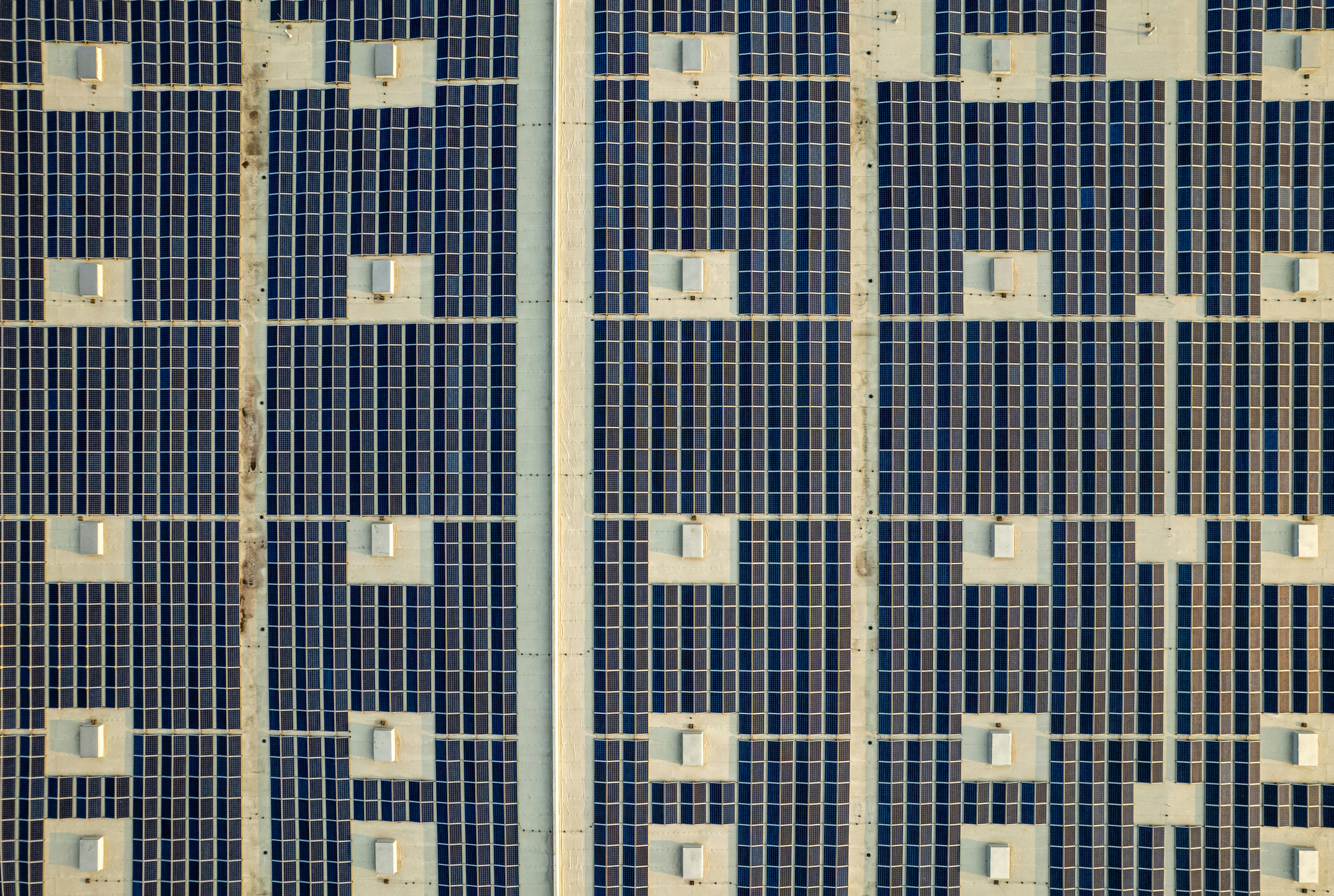 Aerial view of solar panels on a roof