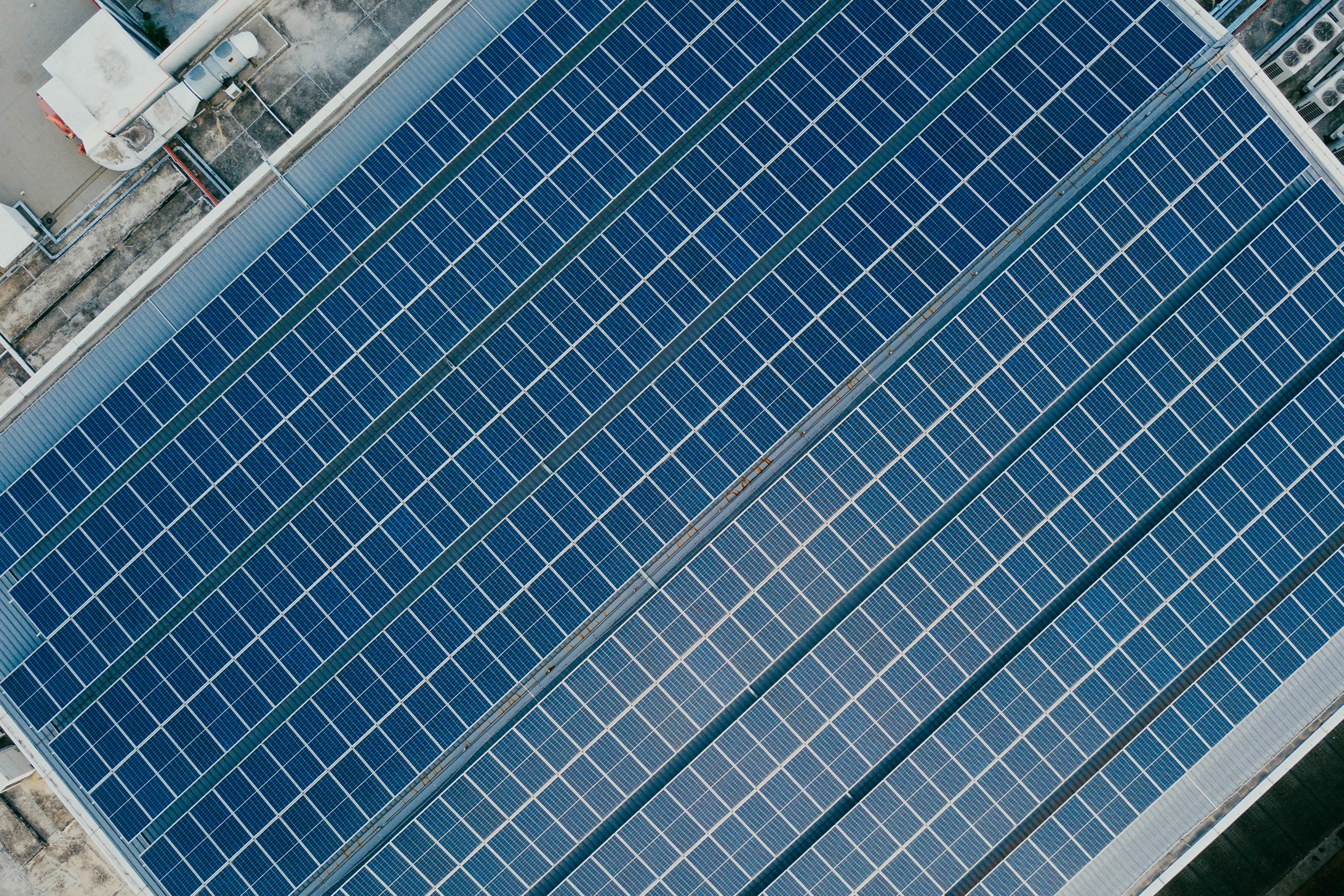 Aerial view of solar panels on a roof